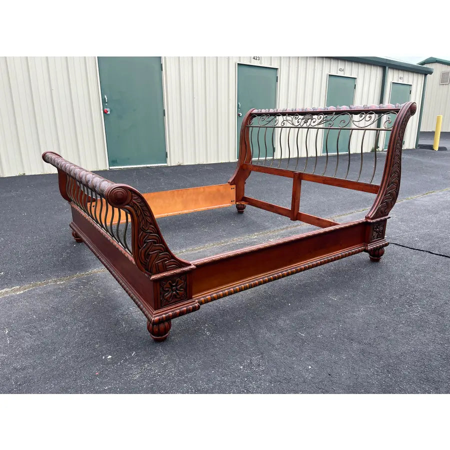 King Size Wrought Iron and Cherry Sleigh Bed Frame