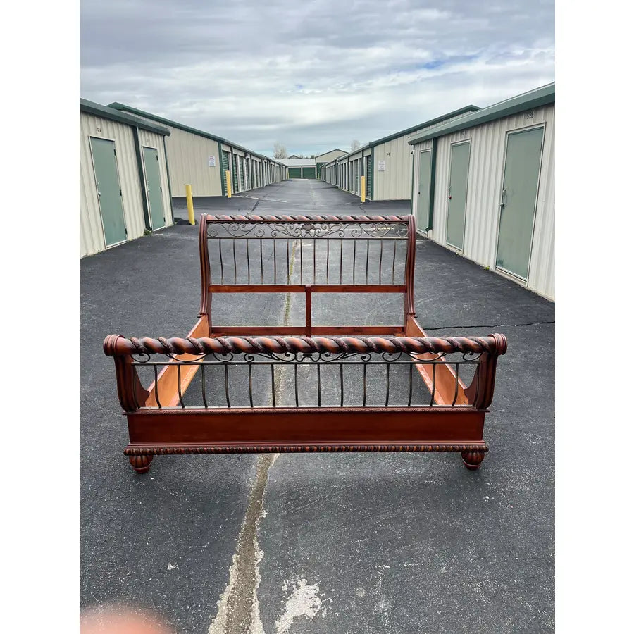 King Size Wrought Iron and Cherry Sleigh Bed Frame