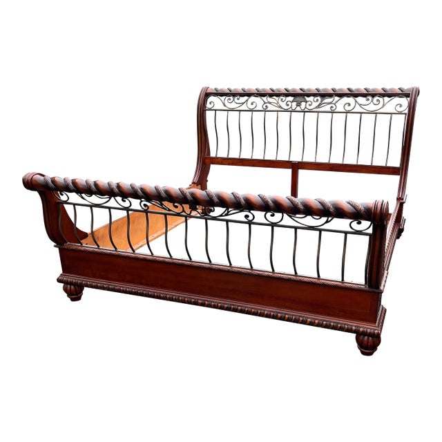 King Size Wrought Iron and Cherry Sleigh Bed Frame
