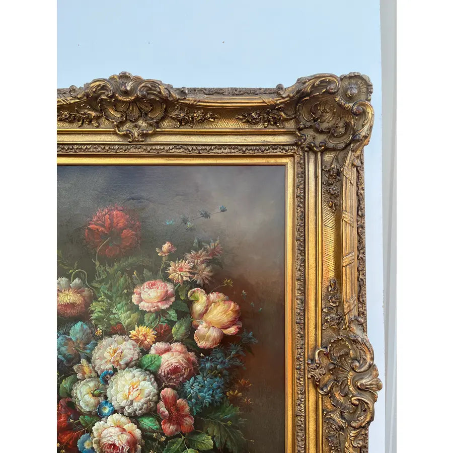 Large Mid 20th Century Floral Still Life, Oil on Canvas in Gold Frame