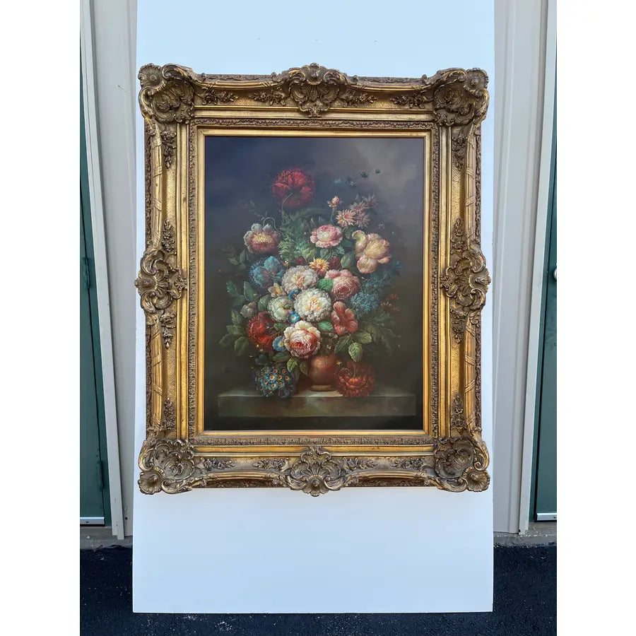 Large Mid 20th Century Floral Still Life, Oil on Canvas in Gold Frame