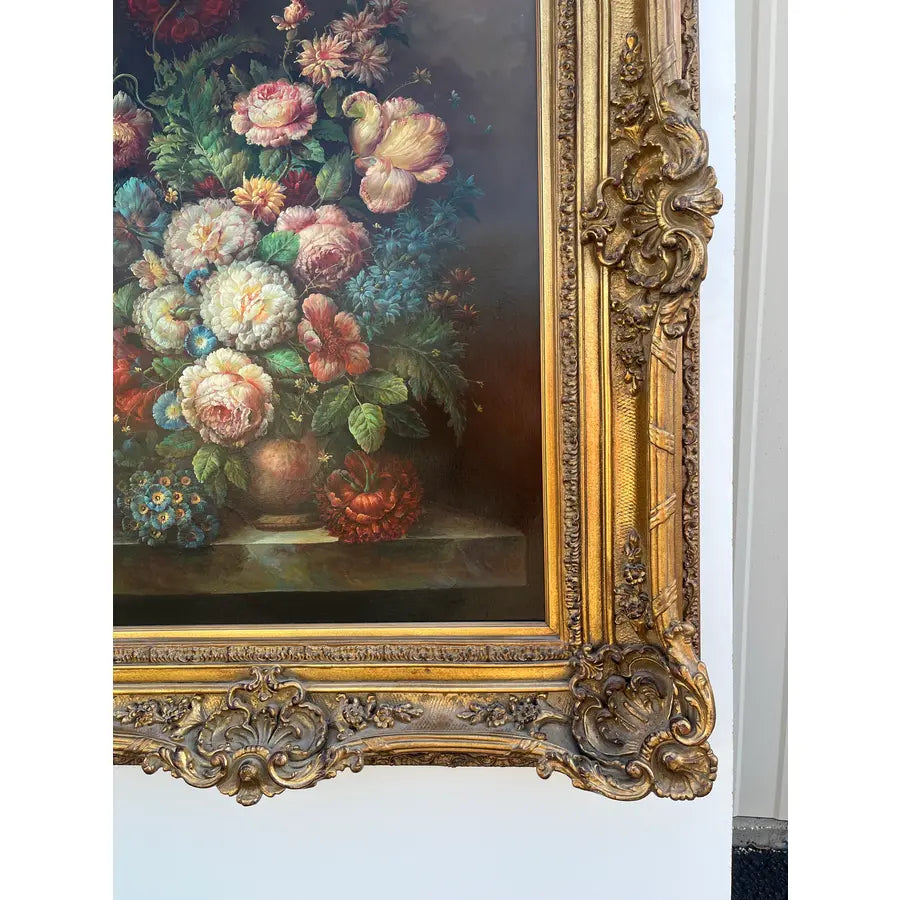 Large Mid 20th Century Floral Still Life, Oil on Canvas in Gold Frame