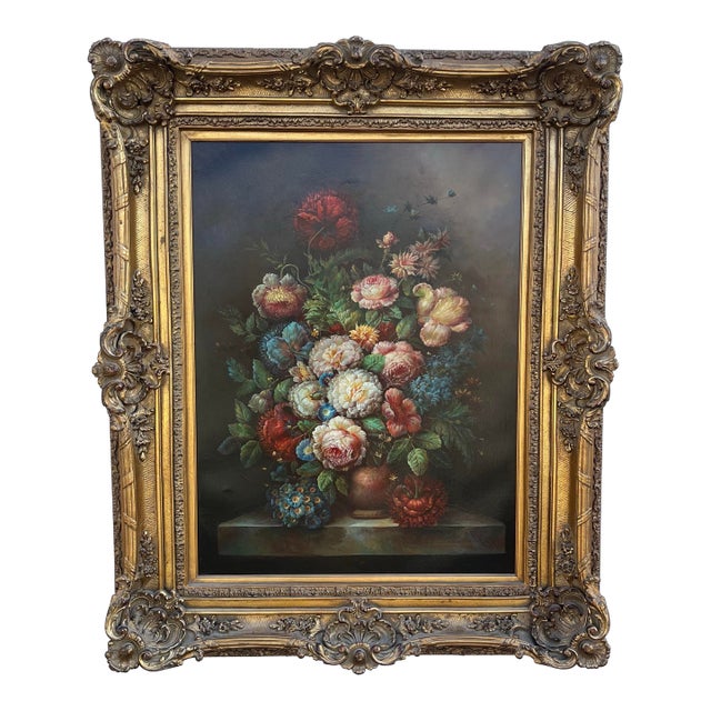 Large Mid 20th Century Floral Still Life, Oil on Canvas in Gold Frame