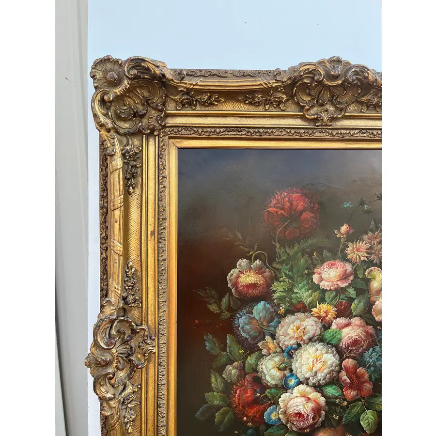 Large Mid 20th Century Floral Still Life, Oil on Canvas in Gold Frame