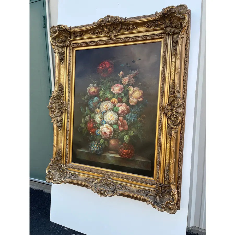 Large Mid 20th Century Floral Still Life, Oil on Canvas in Gold Frame