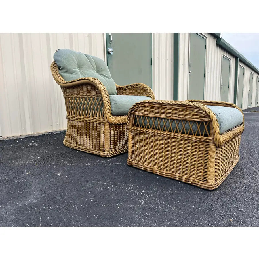 Lexington Casual Braided Woven Coastal Rattan Lounge Chair and Ottoman