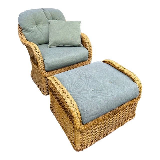 Lexington Casual Braided Woven Coastal Rattan Lounge Chair and Ottoman
