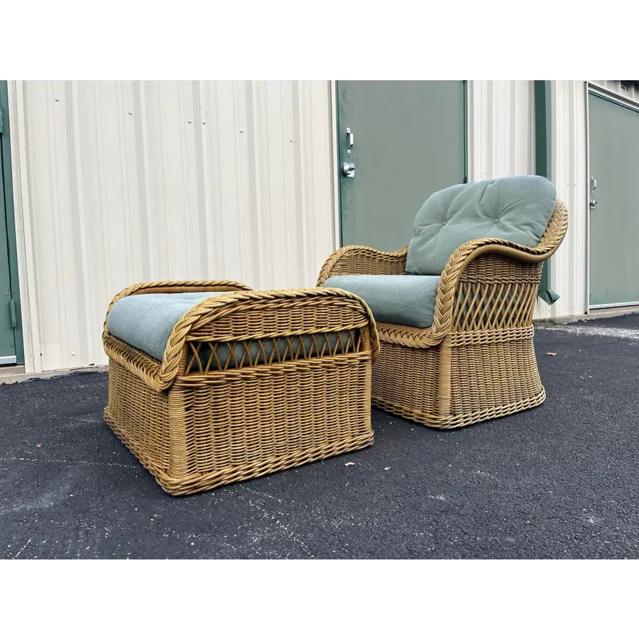 Lexington Casual Braided Woven Coastal Rattan Lounge Chair and Ottoman