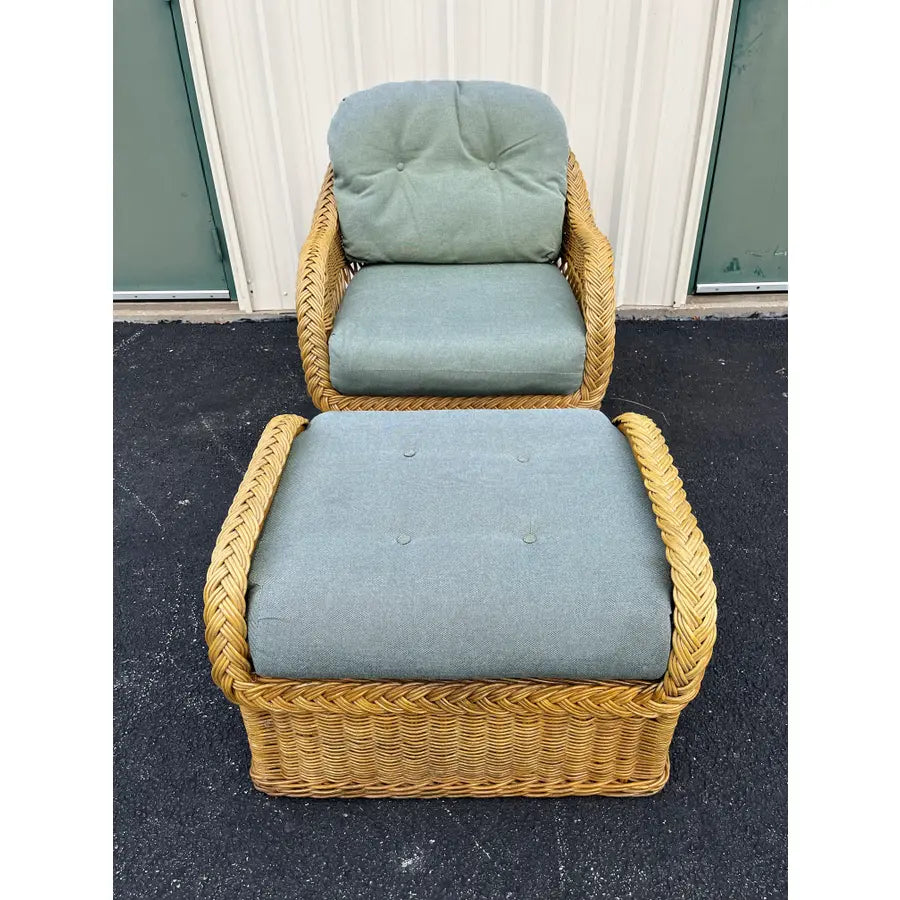 Lexington Casual Braided Woven Coastal Rattan Lounge Chair and Ottoman