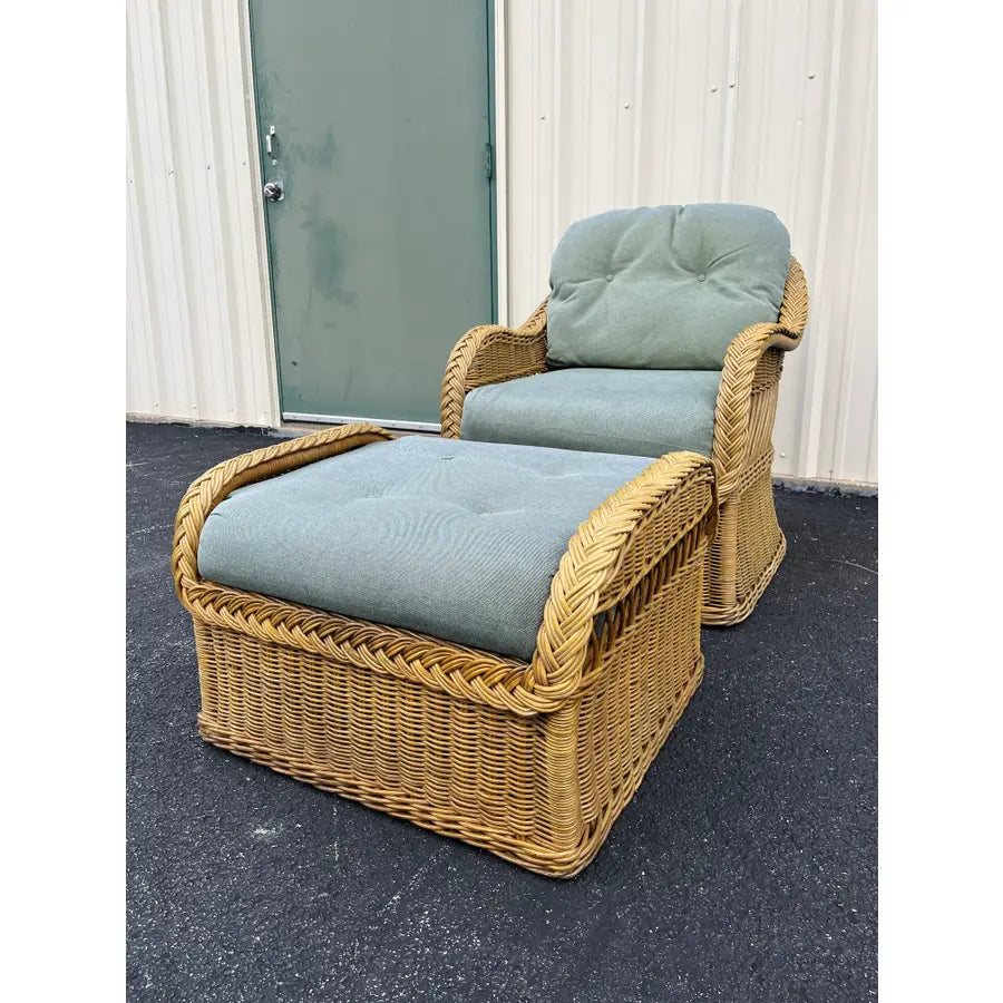 Lexington Casual Braided Woven Coastal Rattan Lounge Chair and Ottoman
