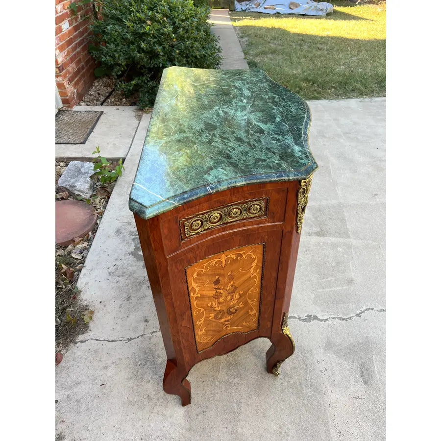 Louis XV Italian Marquetry Cabinet Commode With Brass Ormolu- Green Marble Top