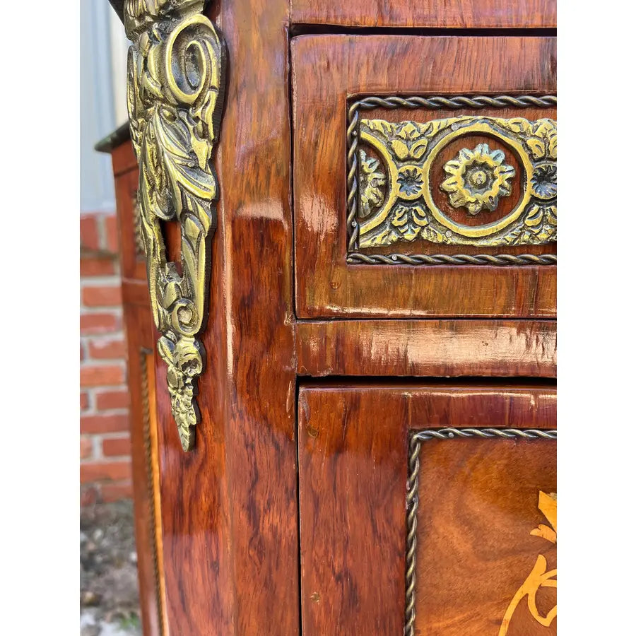 Louis XV Italian Marquetry Cabinet Commode With Brass Ormolu- Green Marble Top