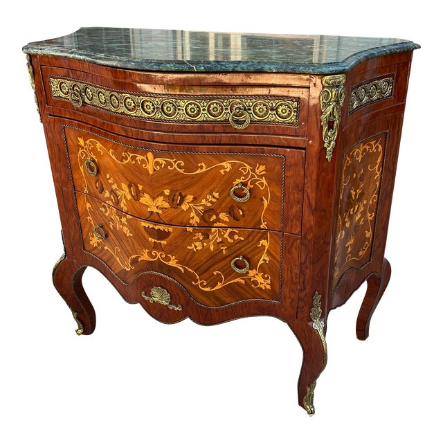 Louis XV Italian Marquetry Cabinet Commode With Brass Ormolu- Green Marble Top