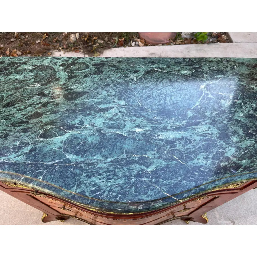 Louis XV Italian Marquetry Cabinet Commode With Brass Ormolu- Green Marble Top