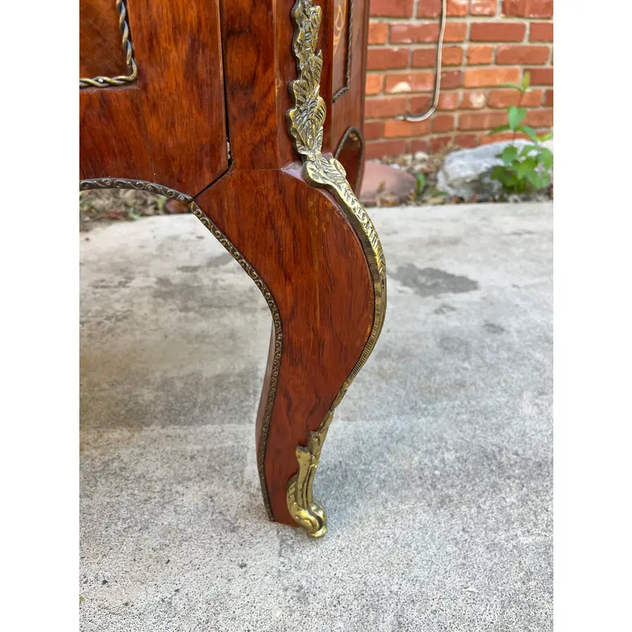 Louis XV Italian Marquetry Cabinet Commode With Brass Ormolu- Green Marble Top