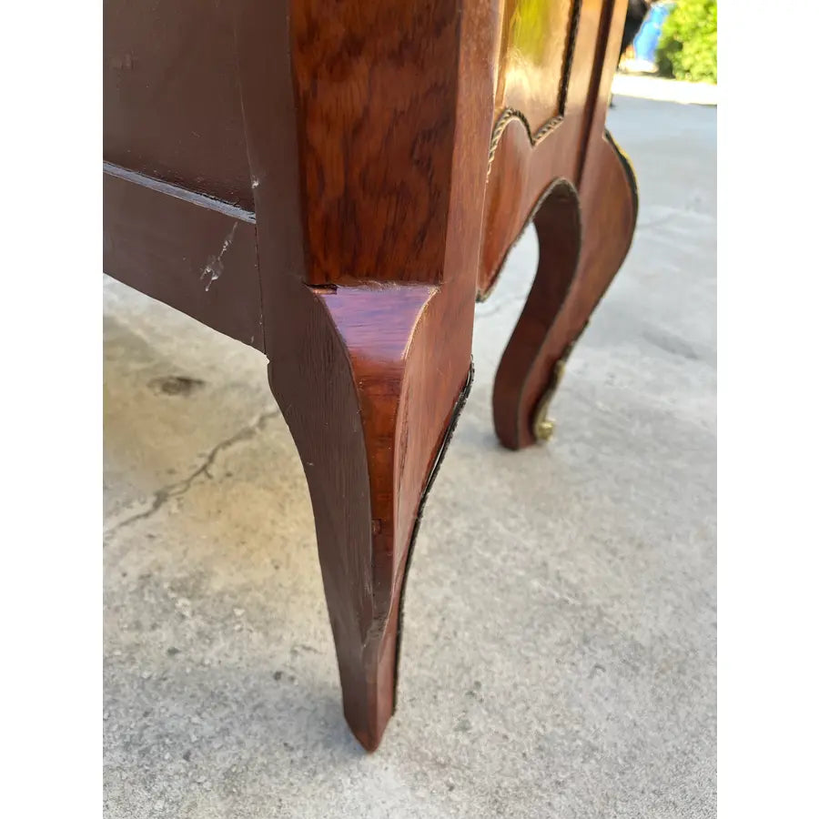 Louis XV Italian Marquetry Cabinet Commode With Brass Ormolu- Green Marble Top