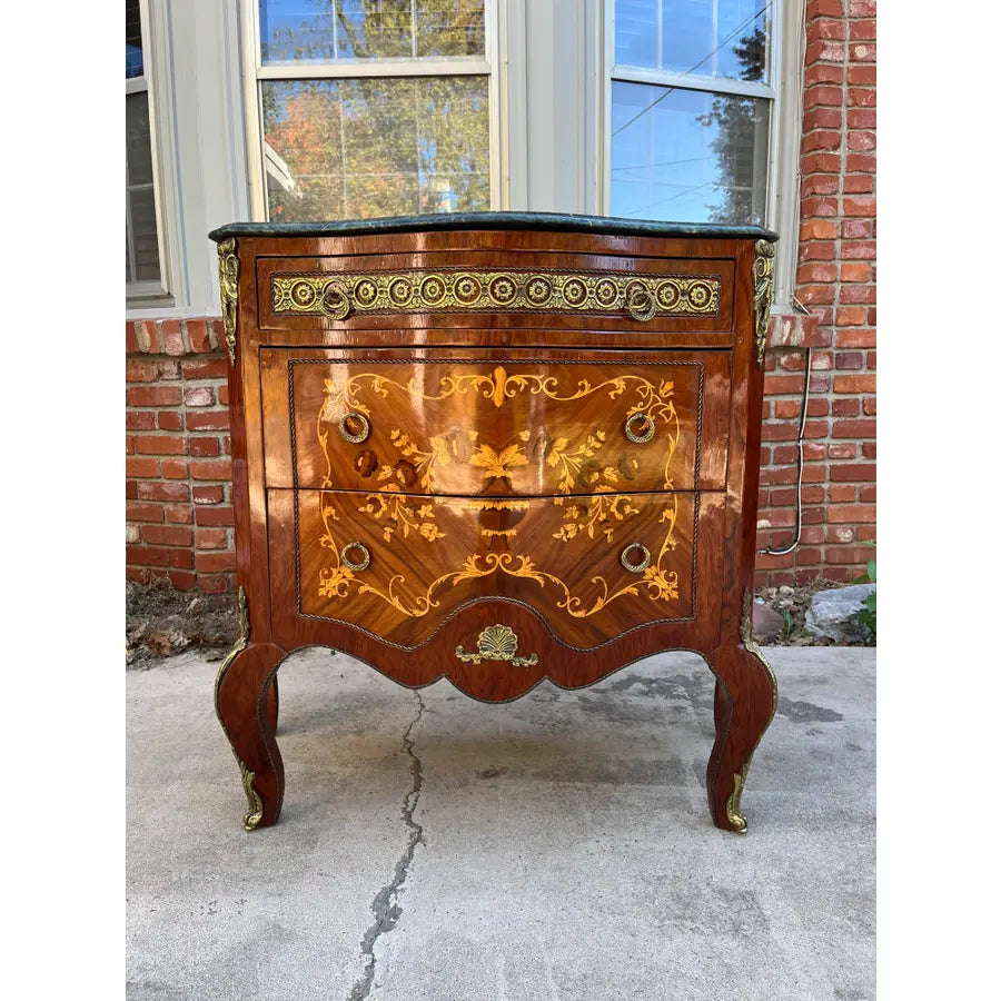 Louis XV Italian Marquetry Cabinet Commode With Brass Ormolu- Green Marble Top