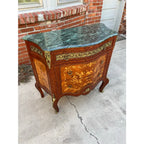 Louis XV Italian Marquetry Cabinet Commode With Brass Ormolu- Green Marble Top