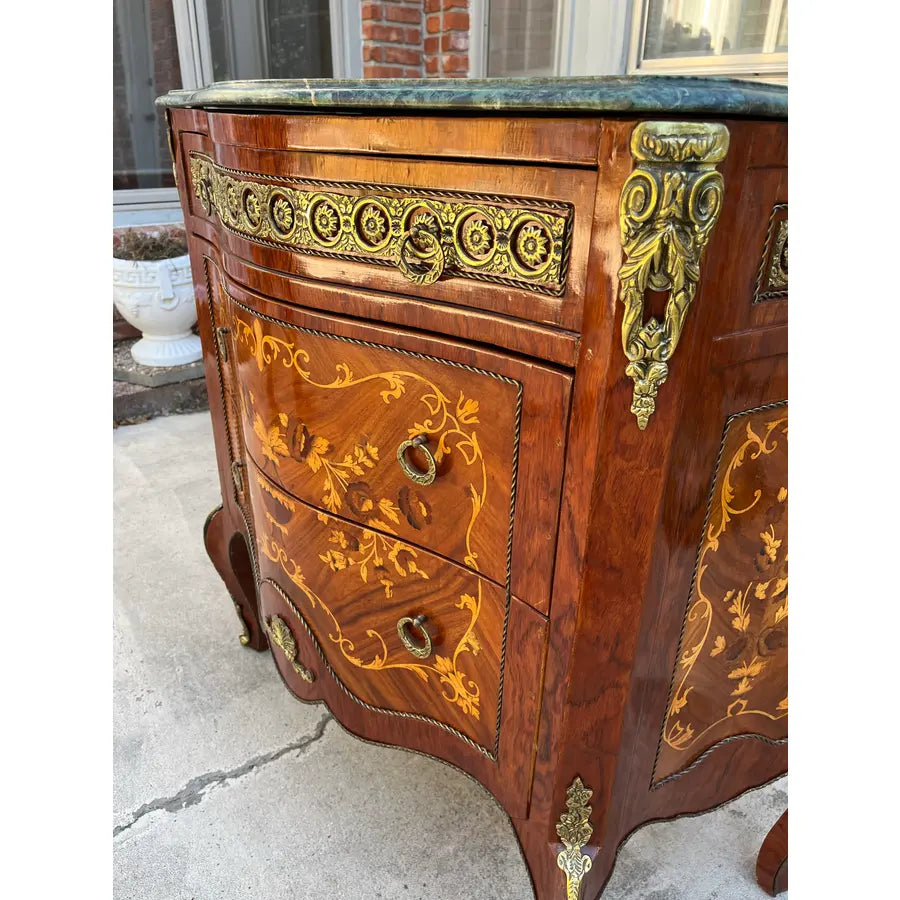 Louis XV Italian Marquetry Cabinet Commode With Brass Ormolu- Green Marble Top