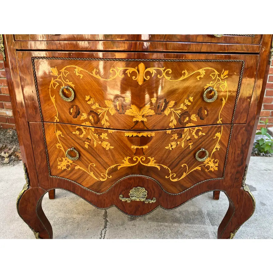 Louis XV Italian Marquetry Cabinet Commode With Brass Ormolu- Green Marble Top