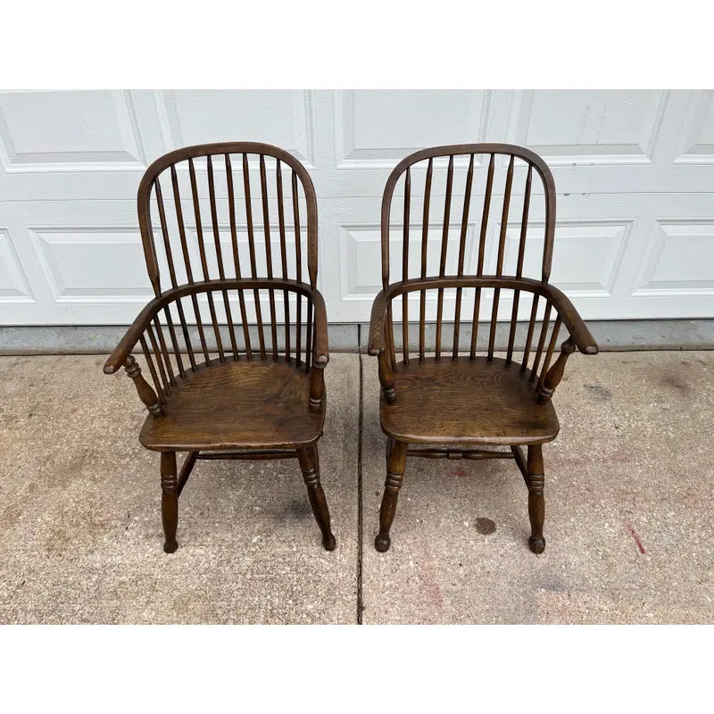 Mid-1800s Antique Oak Windsor Style Arm Chairs- A Pair