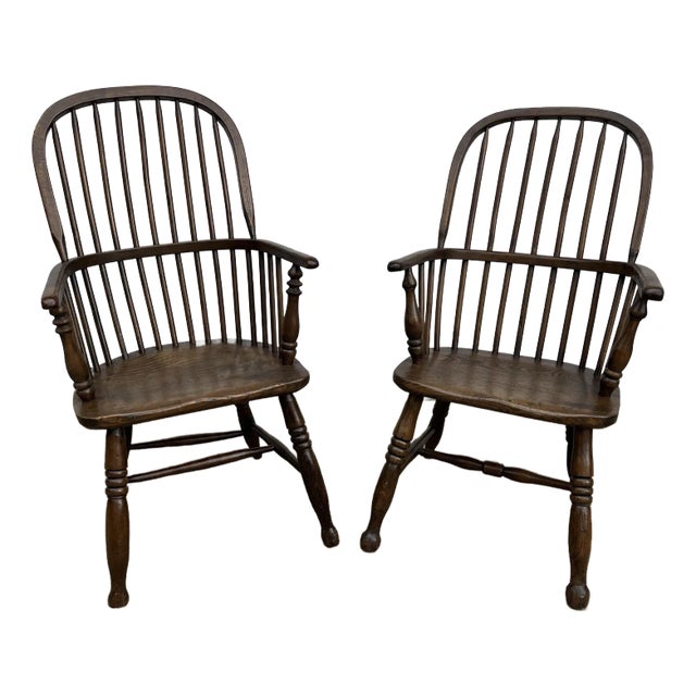 Mid-1800s Antique Oak Windsor Style Arm Chairs- A Pair