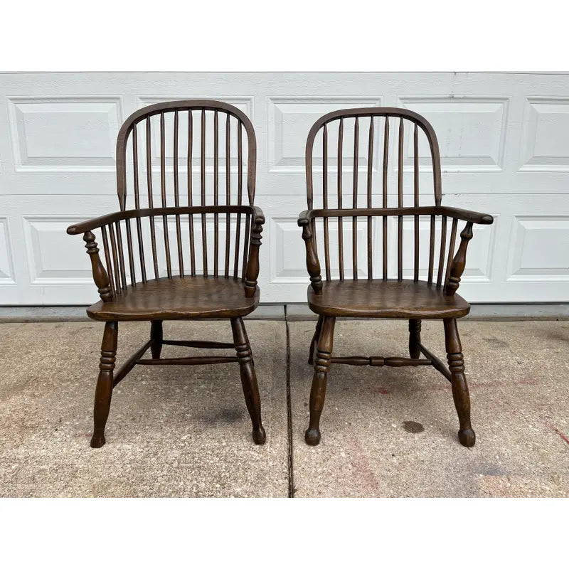 Mid-1800s Antique Oak Windsor Style Arm Chairs- A Pair