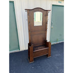 Mid 1800s Early American Tavern Style Oak Hall Tree or Hall Seat
