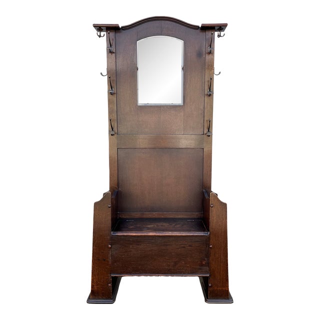 Mid 1800s Early American Tavern Style Oak Hall Tree or Hall Seat