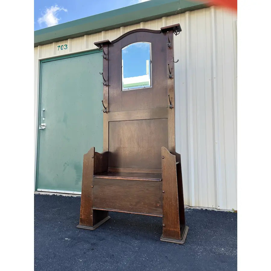 Mid 1800s Early American Tavern Style Oak Hall Tree or Hall Seat