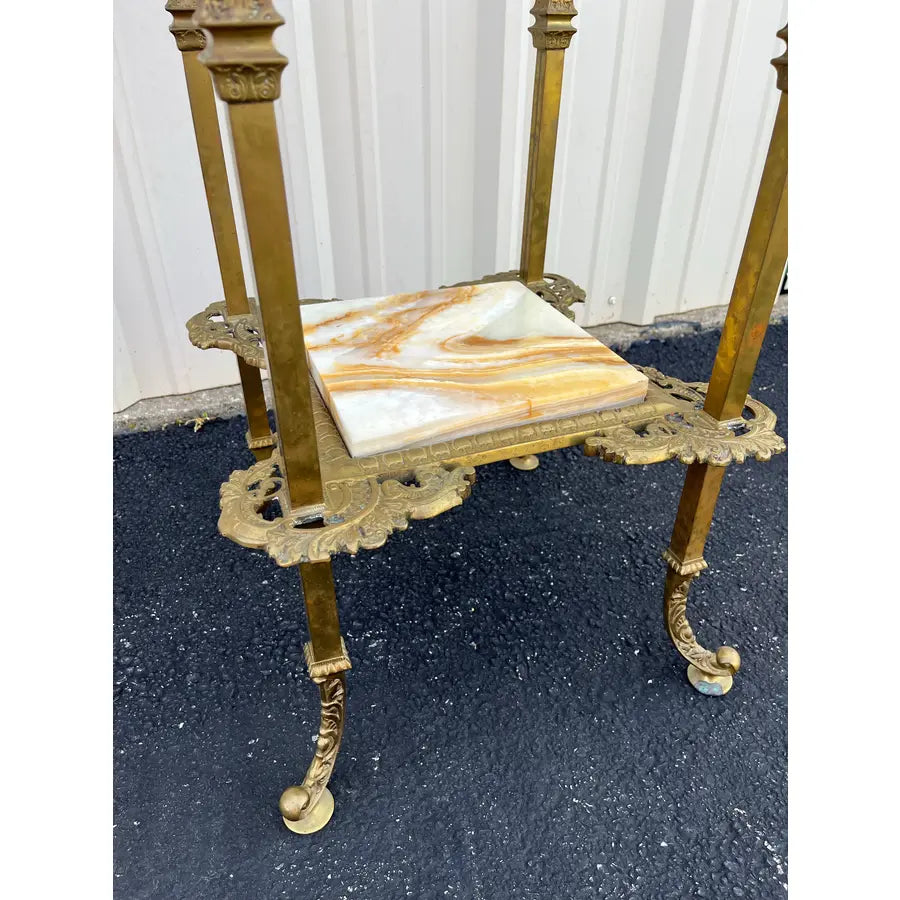 Mid 20th Century Art Nouveau Two-Tier Onyx and Brass Planter Stand
