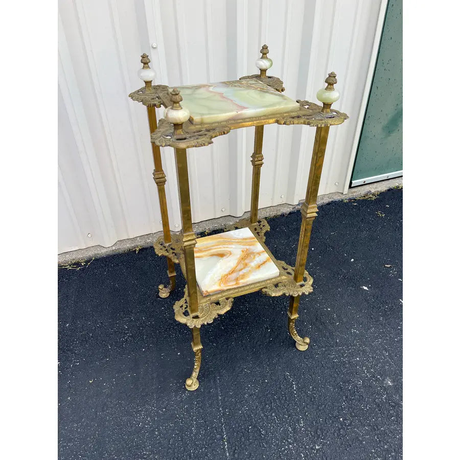 Mid 20th Century Art Nouveau Two-Tier Onyx and Brass Planter Stand