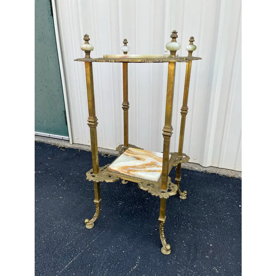 Mid 20th Century Art Nouveau Two-Tier Onyx and Brass Planter Stand