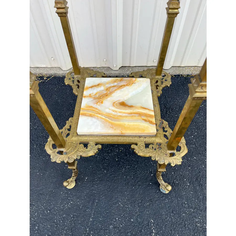 Mid 20th Century Art Nouveau Two-Tier Onyx and Brass Planter Stand