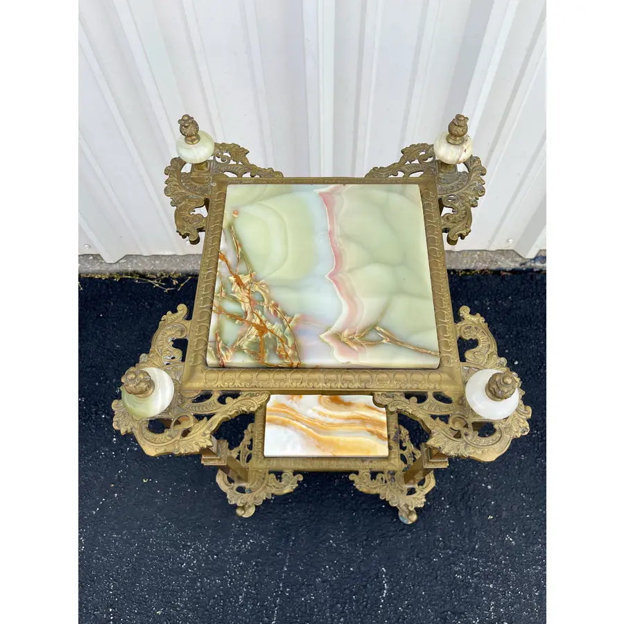Mid 20th Century Art Nouveau Two-Tier Onyx and Brass Planter Stand