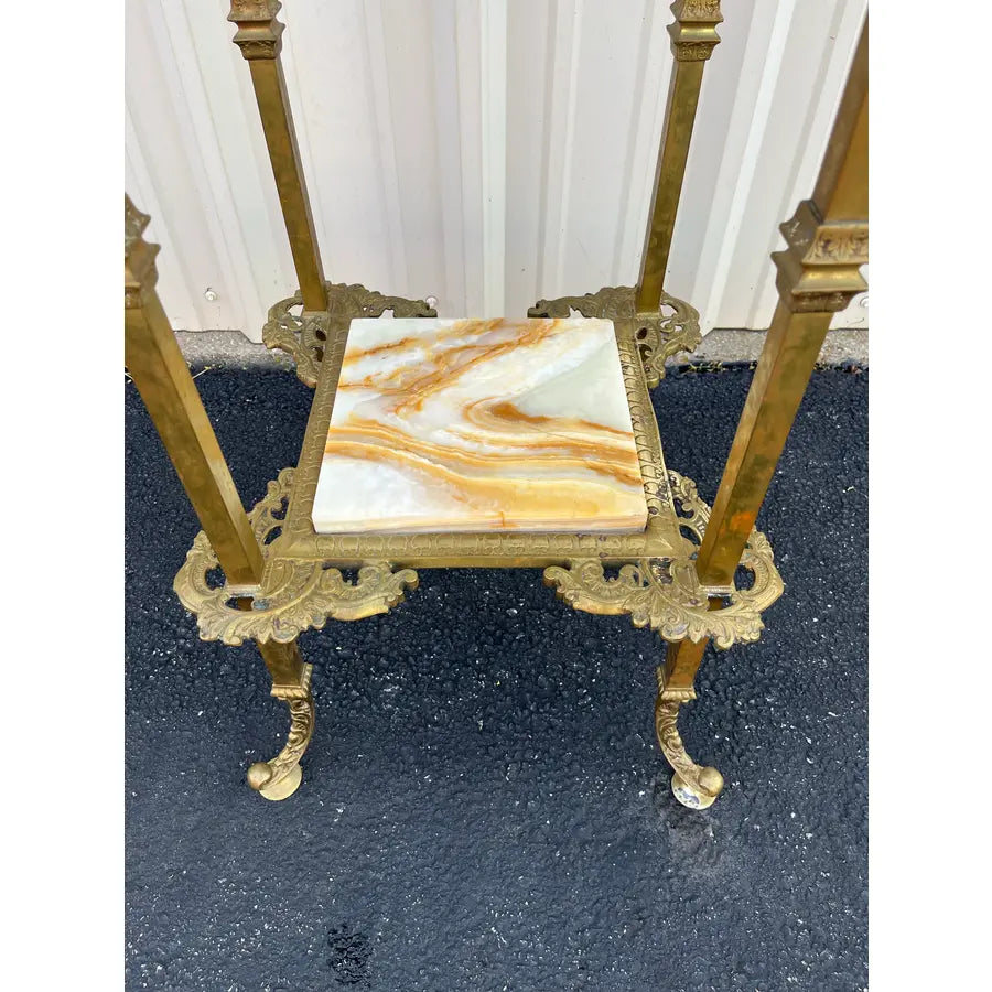 Mid 20th Century Art Nouveau Two-Tier Onyx and Brass Planter Stand