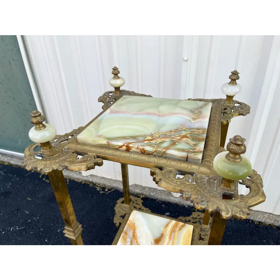 Mid 20th Century Art Nouveau Two-Tier Onyx and Brass Planter Stand