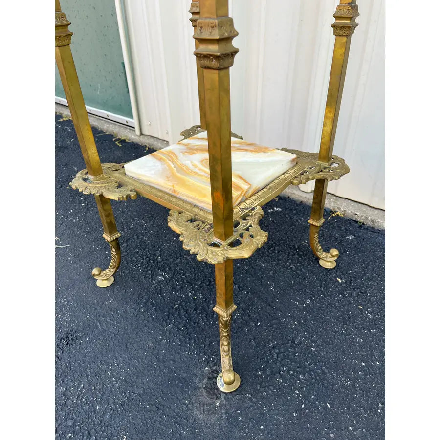Mid 20th Century Art Nouveau Two-Tier Onyx and Brass Planter Stand