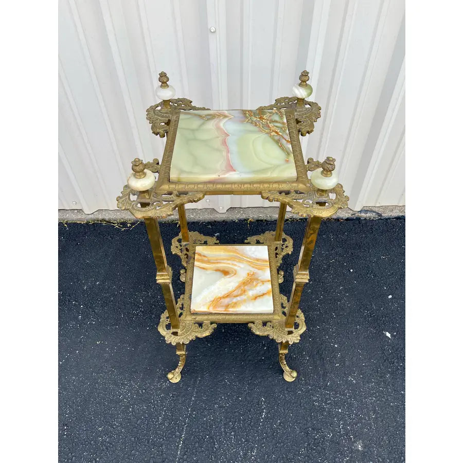 Mid 20th Century Art Nouveau Two-Tier Onyx and Brass Planter Stand