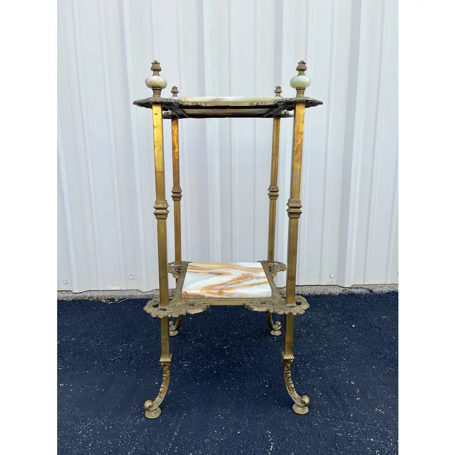 Mid 20th Century Art Nouveau Two-Tier Onyx and Brass Planter Stand