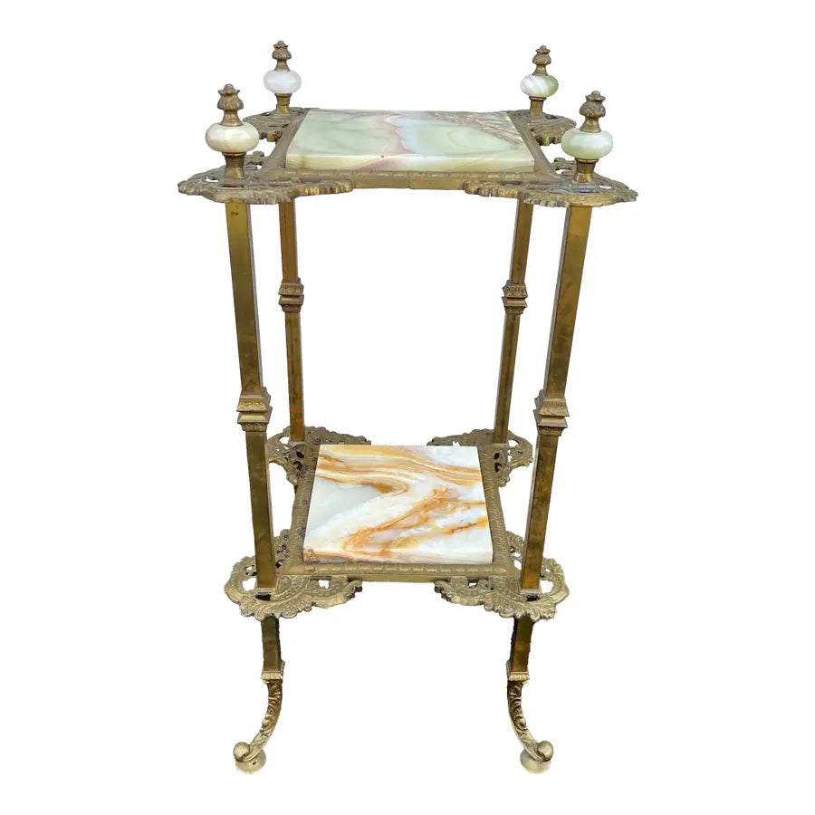 Mid 20th Century Art Nouveau Two-Tier Onyx and Brass Planter Stand