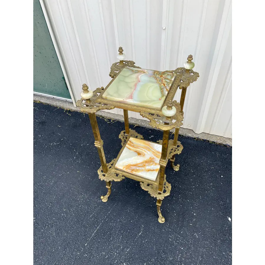 Mid 20th Century Art Nouveau Two-Tier Onyx and Brass Planter Stand