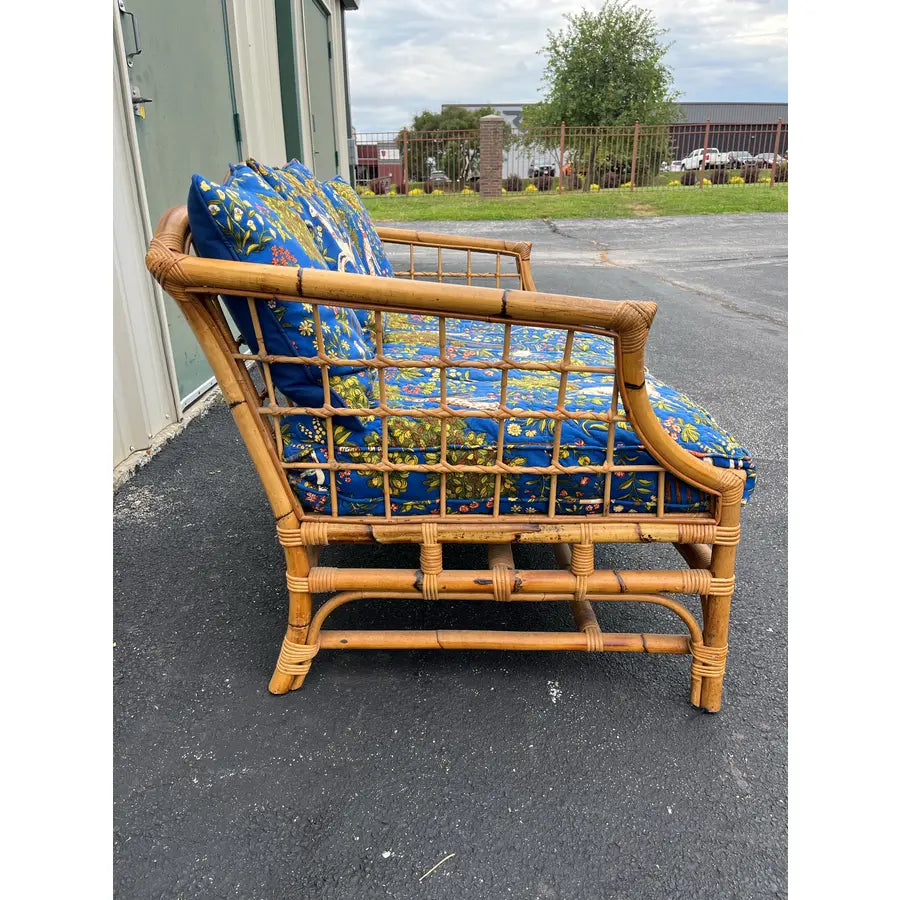 Mid 20th Century Asian Rattan Loveseat With Unicorn Tapestry Upholstery
