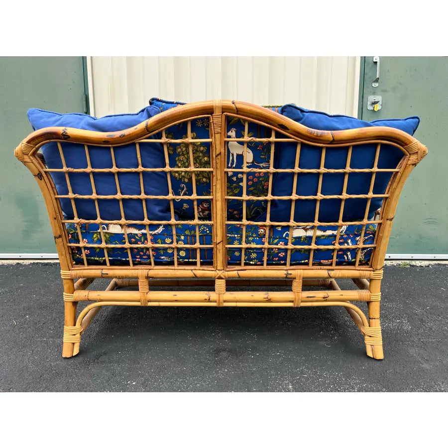 Mid 20th Century Asian Rattan Loveseat With Unicorn Tapestry Upholstery