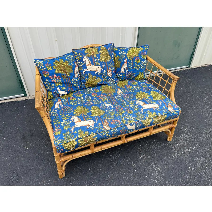 Mid 20th Century Asian Rattan Loveseat With Unicorn Tapestry Upholstery
