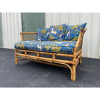 Mid 20th Century Asian Rattan Loveseat With Unicorn Tapestry Upholstery