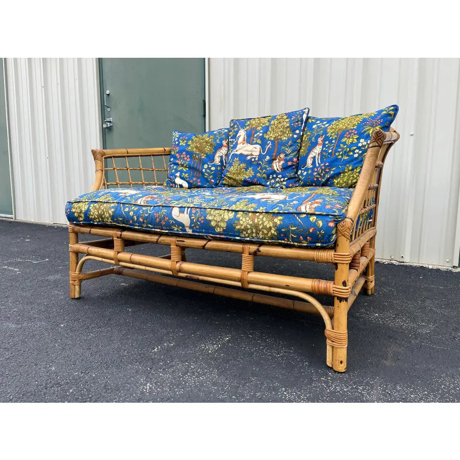 Mid 20th Century Asian Rattan Loveseat With Unicorn Tapestry Upholstery