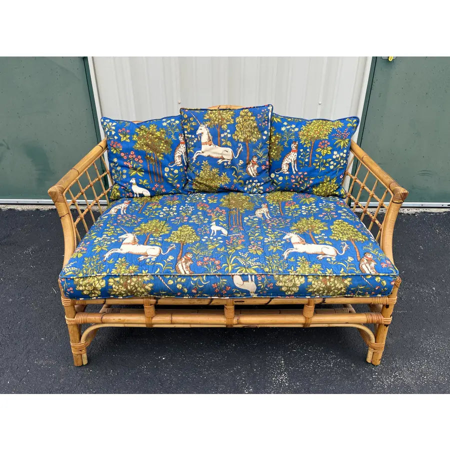 Mid 20th Century Asian Rattan Loveseat With Unicorn Tapestry Upholstery