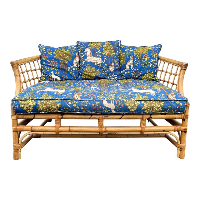 Mid 20th Century Asian Rattan Loveseat With Unicorn Tapestry Upholstery