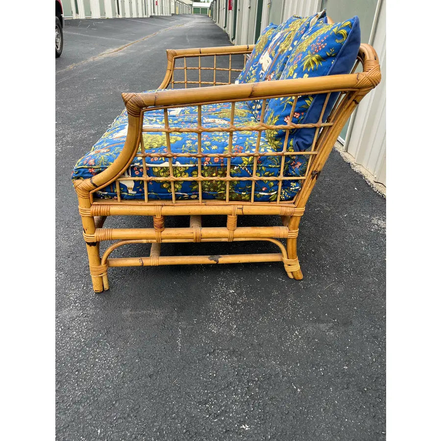 Mid 20th Century Asian Rattan Loveseat With Unicorn Tapestry Upholstery